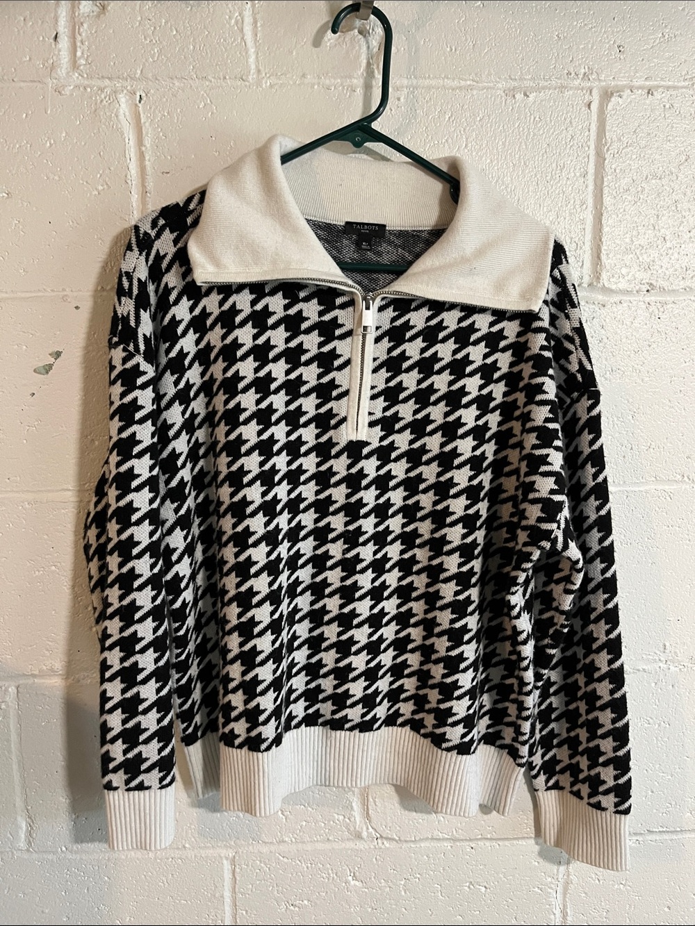 Talbots Black and White Houndstooth Quarter-Zip Pullover